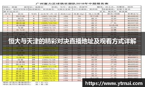 恒大与天津的精彩对决直播地址及观看方式详解